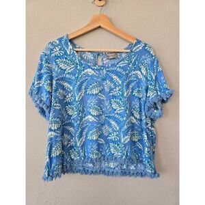 Masseys Tropical Palm Print Top Women's L Blue Fringe Trim Boho Hawaiian Vacay
